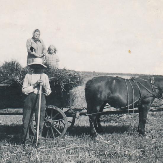 Sort-hvid foto af mand, kvinde og lille pige med en hestevogn læsset med halm.